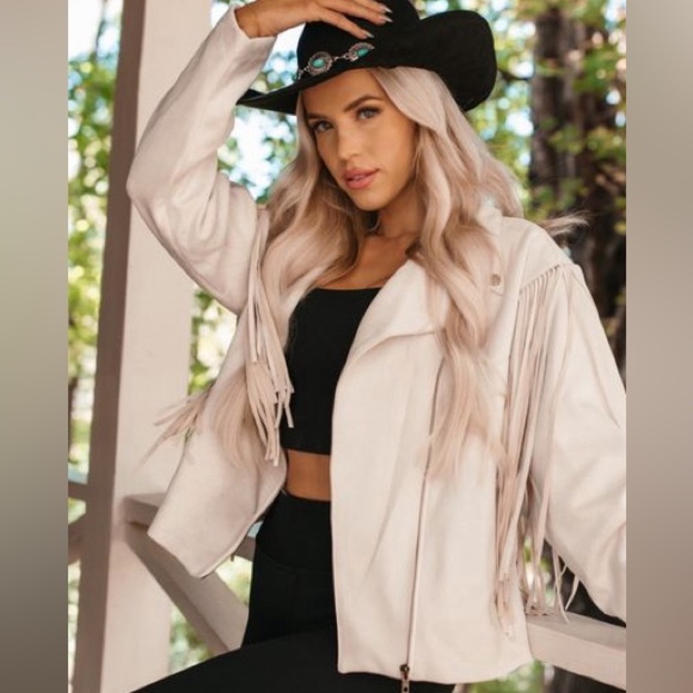 The Post Scottie Faux Suede Lined Moto Motorcycle Jacket Women’s Sz L Cream